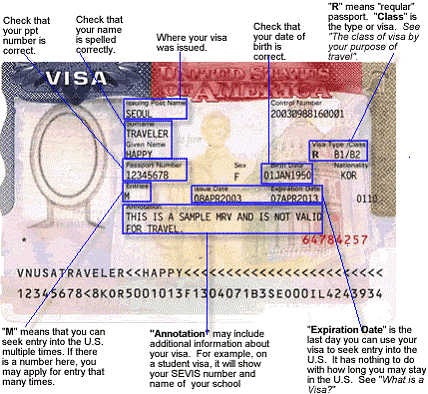 VISA snapshot with arrows that describes the different parts of a VISA.